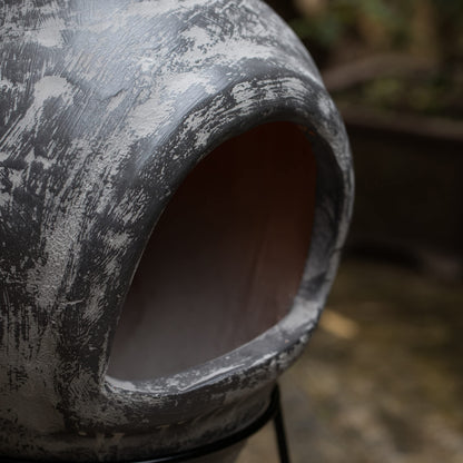 Gray Outdoor Clay Chiminea Fireplace Stoney Scribbled Design Charcoal Burning Fire Pit with Sturdy Metal Stand, Barbecue, Cocktail Party, Family Gathering, Cozy Nights Fire Pit