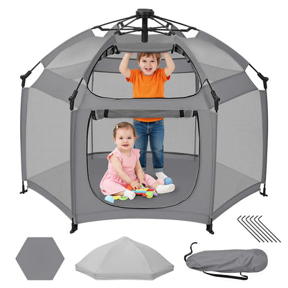 Dripex Pop Up Playpen for Babies and Toddlers with Built-in Pad & One-Click Safe Lock,Foldable Indoor/Outdoor Playpen with Roll-Up Door &Top Mesh Window, Portable Travel Play Pen &Baby Beach Tent,Grey