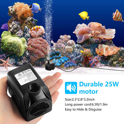 CWKJ Fountain Pump, 400GPH(25W 1500L/H) Submersible Water Durable Outdoor Pump with 6.5ft Tubing (ID x 1/2-Inch), 3 Nozzles for Aquarium, Pond, Fish Tank, Hydroponics