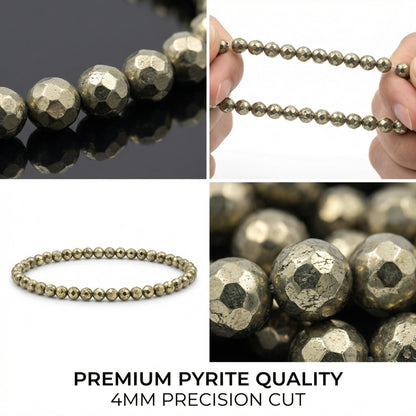 Angelstones Natural Pyrite Gemstone Small Beaded Stretch Bracelet, 4mm Faceted Round Beads, Crystal Healing Bracelet for Women