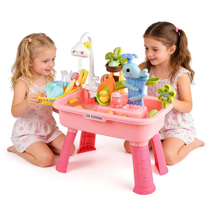 AZTWMYS Upgraded Toddler Sand Water Table Toy with Electric Water Pump, Kids Sand Water with Faucet/Play Food Accessories/Fishing Toy, Kitchen Play Sink Toys for Girl Boy Age 3+ (Pink)