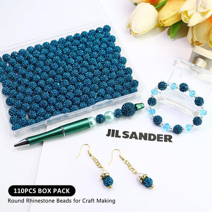 Dowarm 110PCS 10MM Rhinestone Beads for Jewelry Making, Round Polymer Clay Crystal Beads for Crafts Bracelet Necklace Earring Beaded Pen, Fancy Shamballa Disco Ball Diamond Bead
