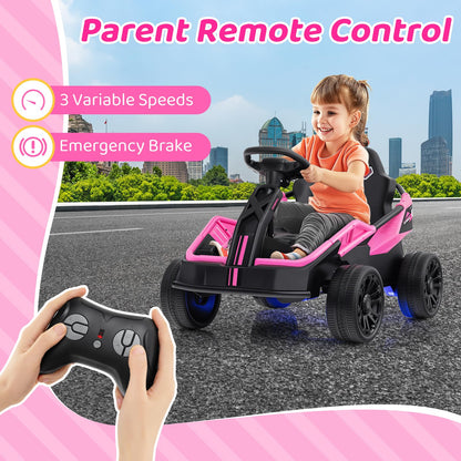 Costzon Electric Go Kart for Big Kids, 12V Ride on Race Toy Car w/Remote Control, LED Lights, 3 Speeds, 16" Wide Seat, Shock Absorbers, Horn & Music, Racing Kids Electric Kart for Boys & Girls (Pink)