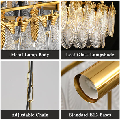 KELUOLY Rectangular Crystal Glass Dining Room Chandelier, 8 Light Gold Chandeliers Lighting Fixture, L33.5'' Height Adjustable Oval Ceiling Pendant Light for Office Coffee Over Table Kitchen Island