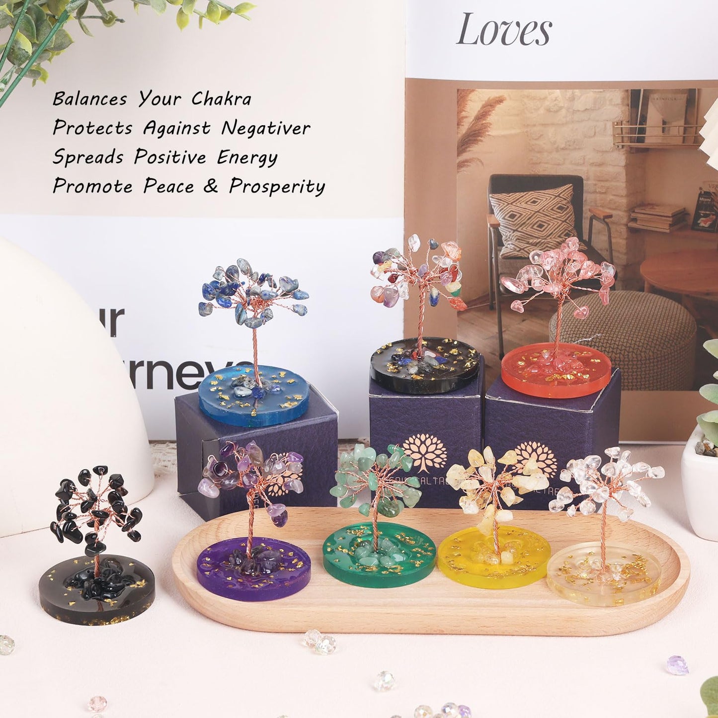 Pretty Jolly Small Mini 7 Chakra Healing Stones Crystals Tree of Life Positive Energy Gemstone Money Tree Meditation Reiki Gifts with Acrylic Glue Base for Home,Office,Desk Feng Shui Decor(Green)