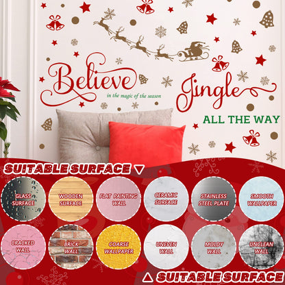 Hotop 4 Sheets Christmas Wall Decals Believe Quote Wall Stickers Christmas Wall Decor Reindeer Snowflakes Window Clings Vinyl Wall Art Decal Removable for Christmas Party Supplies Home Window Decor