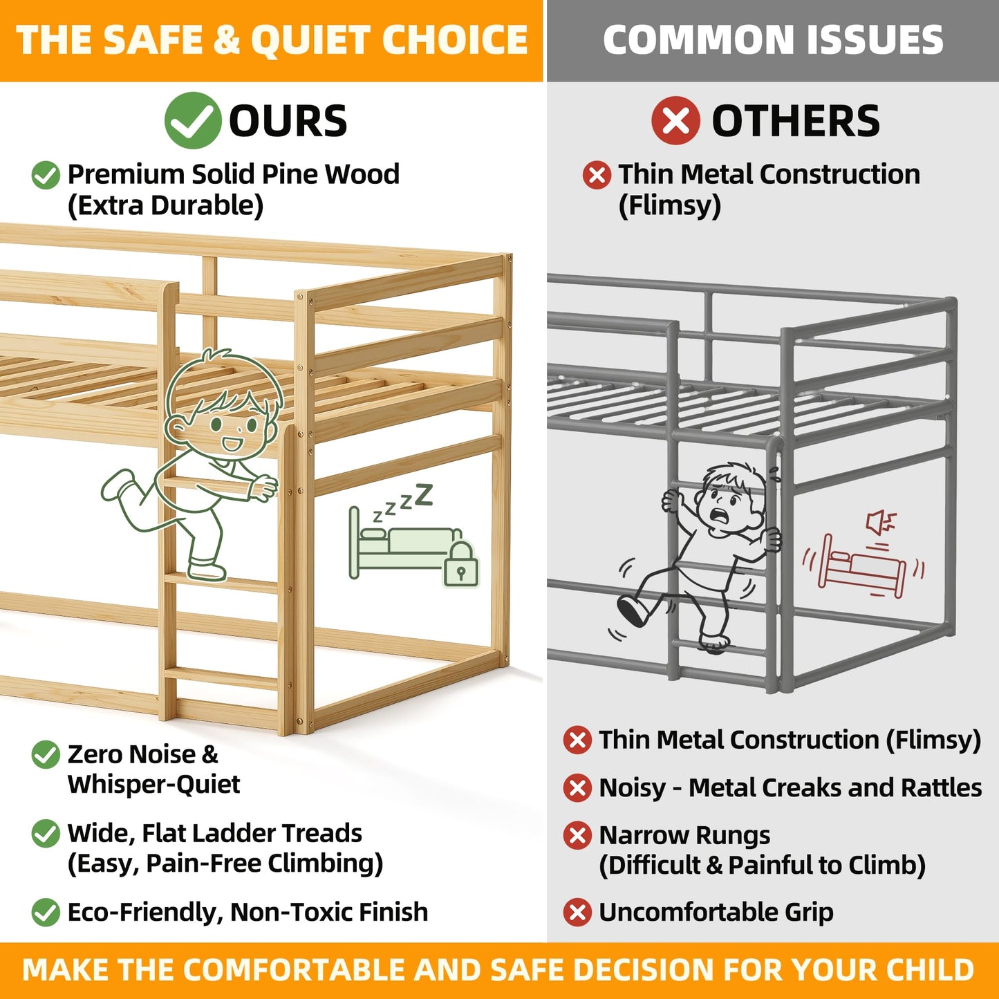TOLEAD Low Bunk Bed Twin Over Twin, Floor Bunk Bed with Ladder, Twin Bunk Bed with Full Guardrails, Wooden Bunk Bed for Juniors, Boys, Girls, Kids, Bedrooms (Natural)