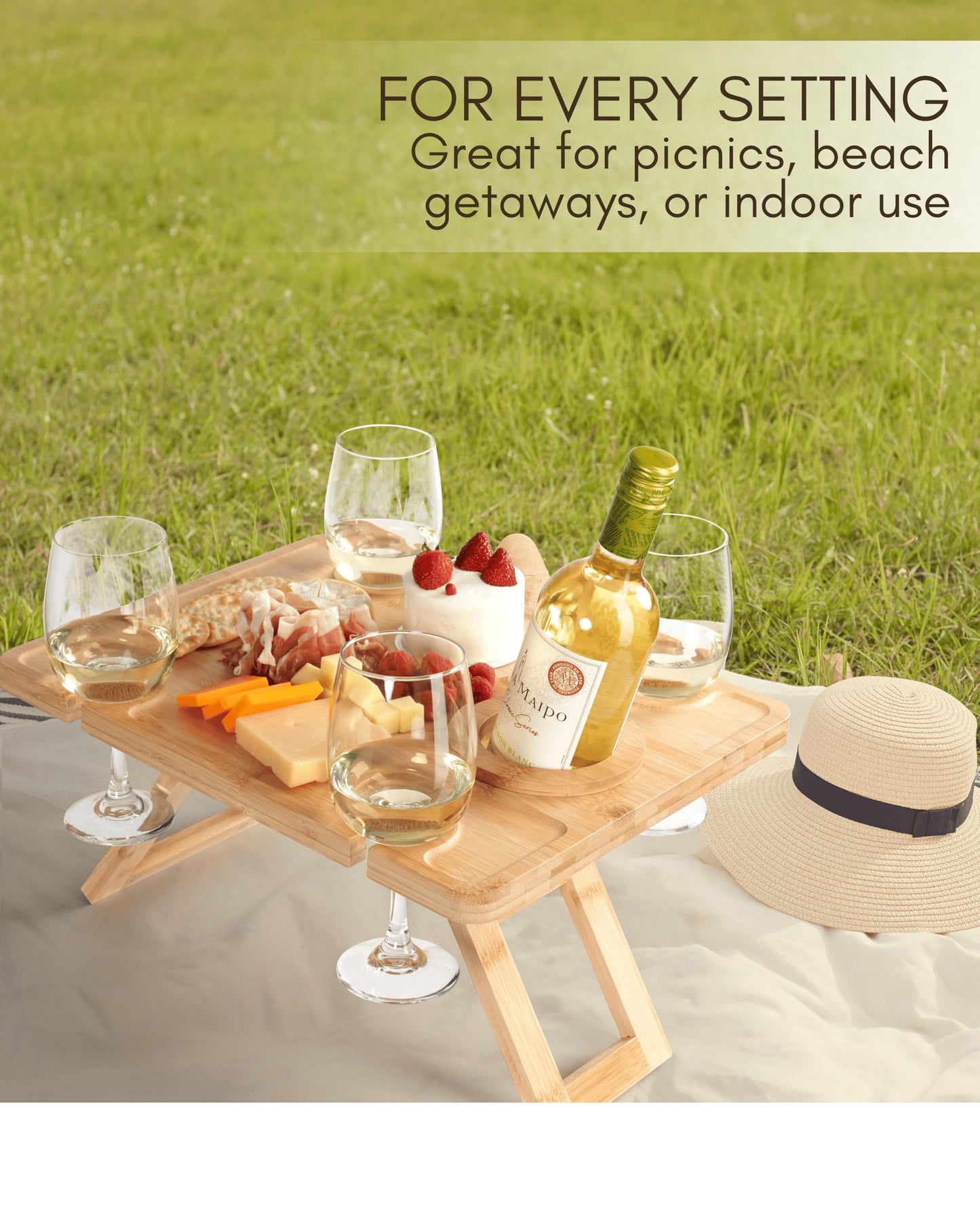 Outdoor Wine Picnic Table, Wooden Folding Picnic Table with Glass Holder, Bamboo Wine Glass Snack Tray for Indoor & Outdoor Use, Includes Picnic Mat & Tote Bag