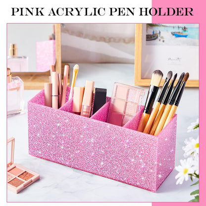Jetec Acrylic Glitter Pen Holder 4 Compartments Bling Makeup Brush Stationery Organizer Pencil Holder for Desk Accessories Sparkly Gifts for Women Birthday Valentines Desktop Workplace Office(Pink)