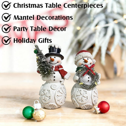 LFLKPY Snowman Christmas Decorations Set of 2 with LED Lights, Resin Light Up Snowman Figurines with Tree & Wreath, Battery Operated Holiday Tabletop Decor for Xmas Home, Mantel, Shelf, Gift