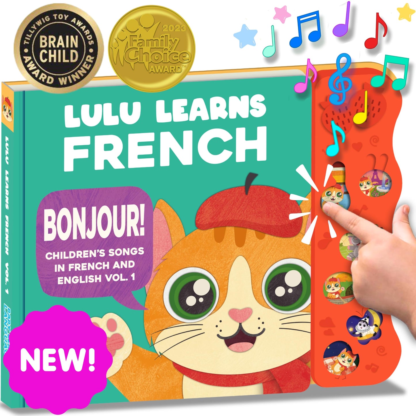 Lulu Learns French Vol. 1 — Interactive Sound Board Book for Toddlers 1-3, Bilingual English & French Songs & Music, Talking Musical Learning Toy and Gift for Babies & Kids