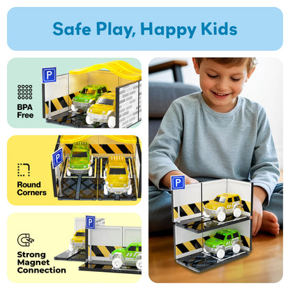 PicassoTiles Magnetic Tiles Race Car Track Kit Parking Garage Expansion Pack with 2 Cars Magnet Tile Building Blocks Educational Toy Learning Kit Pretend Play Construction Set Kids Child Ages 3+ PTR07