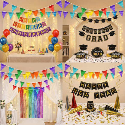 4P Rainbow Party Decorations - Metallic Fabric Triangle Pennant Banner Flags - Indoor/Outdoor Bunting Garland for Birthday, Wedding, Graduation & Theme Parties