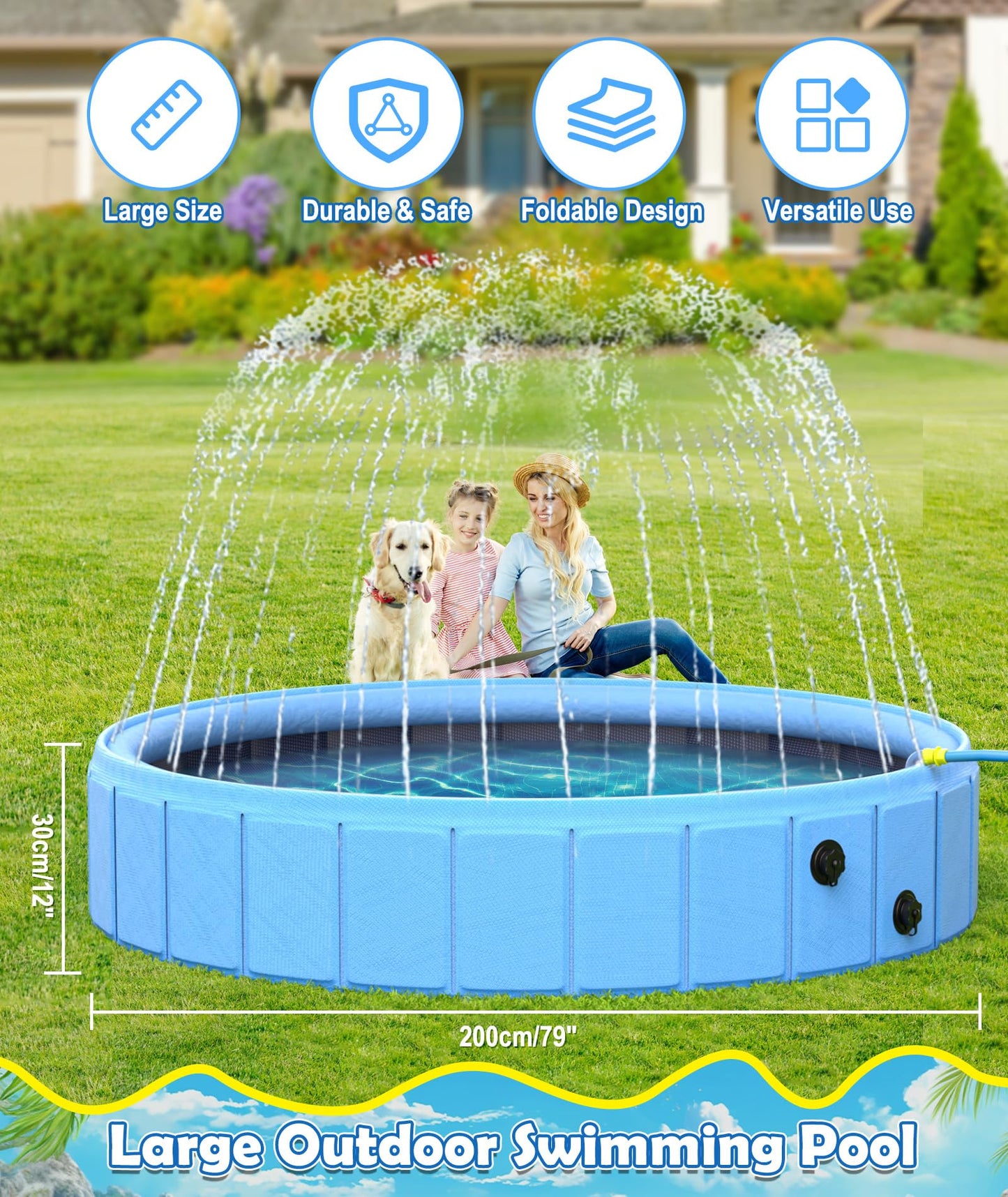 EPN Large Foldable Dog Pool – 0.55MM PVC 2-in-1 Portable Bathtub & Sprinkler for Dogs, Cats, Kids – Heavy Duty, Non-Slip, Summer Water Toy (79 in)