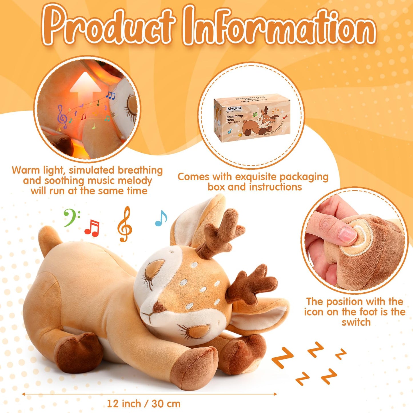 HyDren Breathing Stuffed Animal Soothing Deer Anxiety Stuffed Animal, Soft Anxiety Plush Toys with Music Lights and Realistic Breathing Motion for Adults Kids Sleep Relaxation Holiday Birthday Gifts