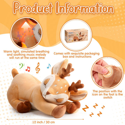 HyDren Breathing Stuffed Animal Soothing Deer Anxiety Stuffed Animal, Soft Anxiety Plush Toys with Music Lights and Realistic Breathing Motion for Adults Kids Sleep Relaxation Holiday Birthday Gifts