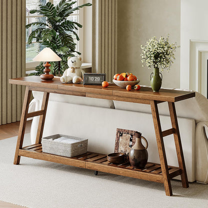 ChooChoo 70.9 Inch Long Console Tables for Entryway, Wood 2-Tier Entry Hallway Table, Narrow Sofa Table Behind Couch Table for Living Room, Entrance, Walnut