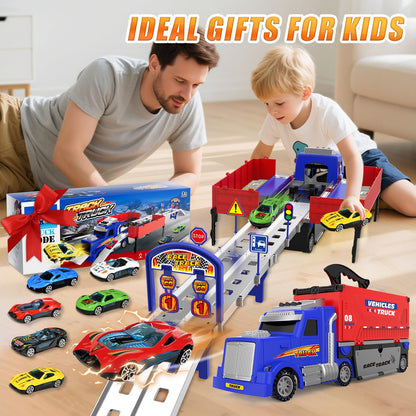 SpringFlower Carrier Truck Race Track Toys, Boy Toys for 3 4 5 6 Years Old Boys with Lights Sounds, Transporter Race Track with 6 Die-Cast Car, Vehicle Toy for Kids Birthday Gifts