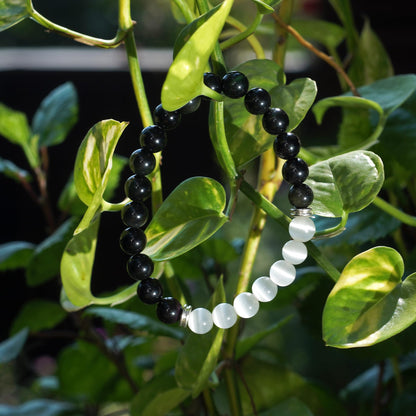 Black Obsidian & White Selenite Agate Bracelet – Chakra Healing Energy Balancing Crystal Bracelet for Protection & Mindfulness Gift
