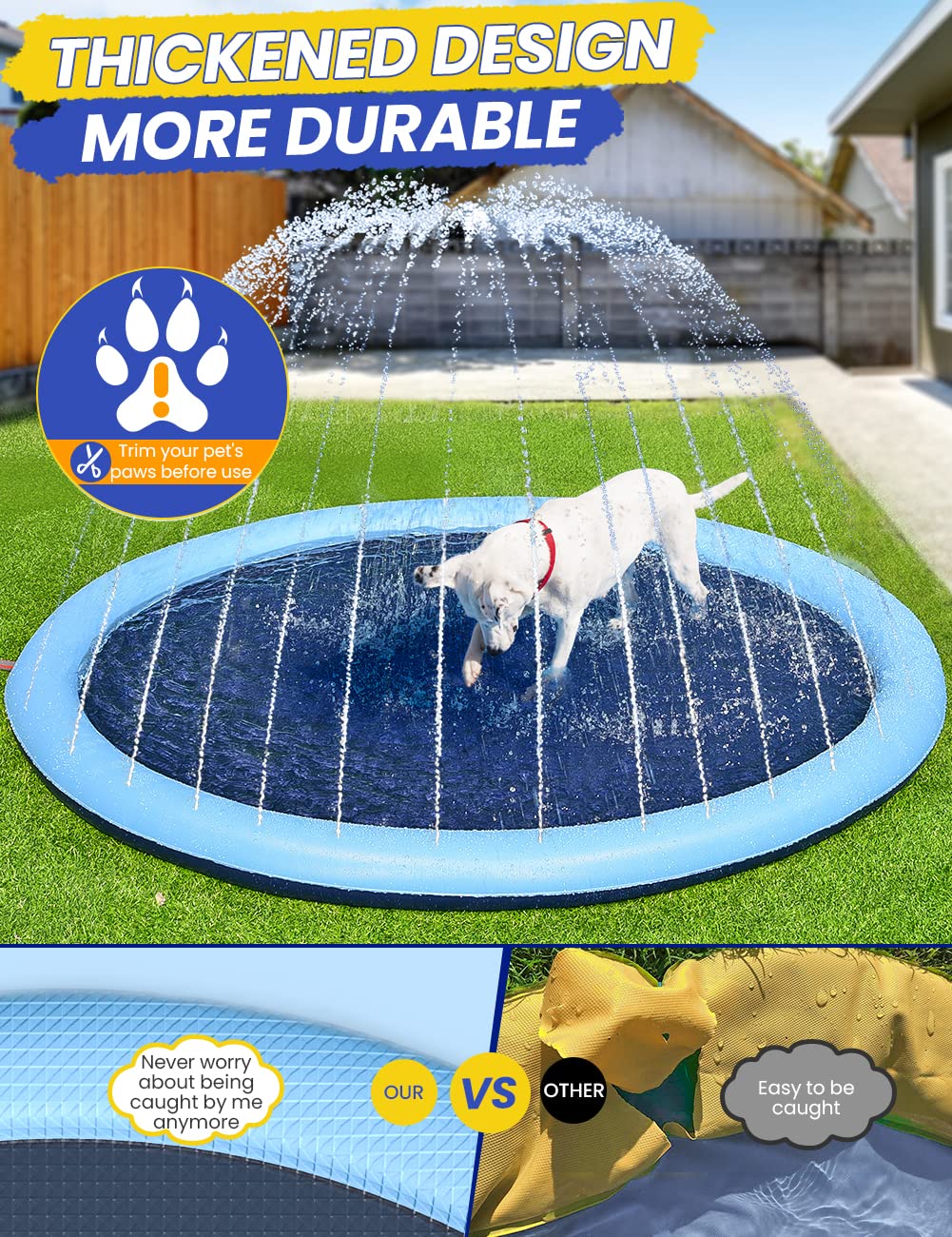 PETOCAT Splash Pad Non-Slip Dogs Cool Sprinkler Pool Extra Large Splash Pads for Kids Dog Baby Wading Pool Summer Outdoor Play Water Fun Toy Gift Easy to Use/Clean 75 inch