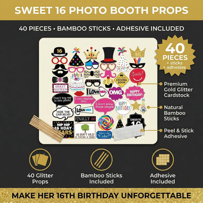 16th Birthday Photo Booth Props - 40 Pieces - Funny Birthday Party Supplies for Him or Her - Photo Booth Decorations, Favors and Gifts
