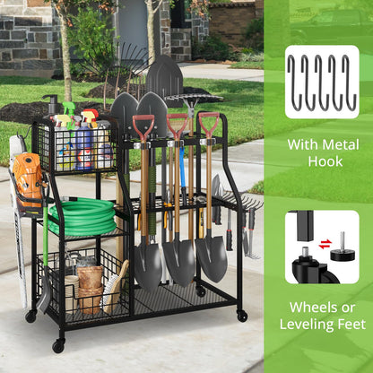keomaisyto Garden Tool Organizer with Heavy Duty Wheels for Garage - with 2 Baskets, Large Yard Tool Organizer and Storage Holder, Utility Garden Tool Rack for/Shed/Garage/Yard/Basement/Lawn