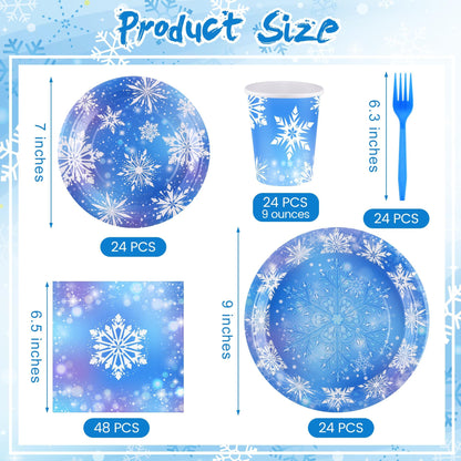 Kochorie 144 Pieces Frozen Party Supplies, Snowflake Tableware Sets Including Disposable Paper Plates Napkins Cups Forks Serves 24 for Winter Christmas Holiday Wonderland Birthday Party Decorations