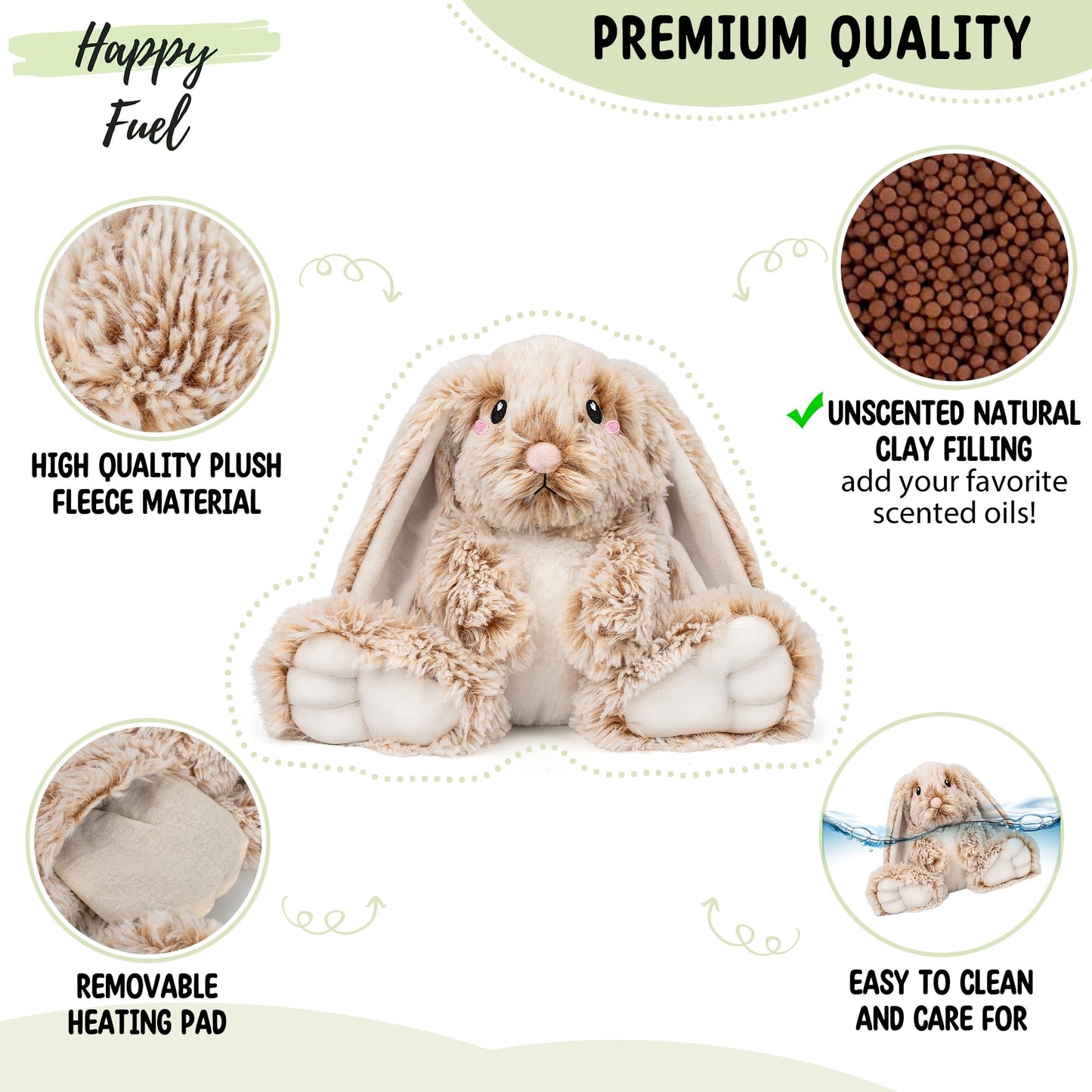 Bunny Microwavable & Weighted Stuffed Animals - 1.5 Lbs Unscented Heating Pad for Period Cramps Pain Relief and Anxiety, Cute Bunny Plush Toys Gifts for Women Girls Adults and Kids by Happy Fuel