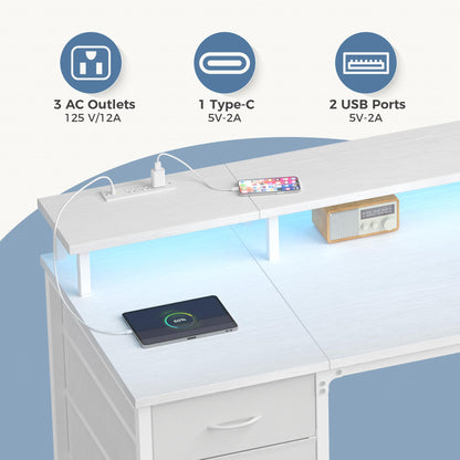 DUMOS 40 Inch Computer Desk with 4 Drawers,4 Drawer Gaming Desk with Power Outlets and LED Lights,Office Desk for Small Spaces with Monitor Shelf,Writing Desk for Home Office,Bedroom, Study,White