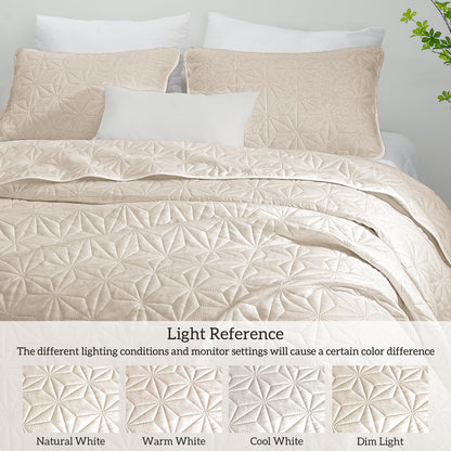 Whale Flotilla Queen Quilt Bedding Set, Soft Brich Beige Bedspreads Quilts Queen Full Size for All Seasons, 3 Pieces Lightweight Geometric Star Pattern Coverlet