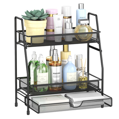 2-Tier Bathroom Counter Organizer with Drawer, Bathroom and Makeup Organizer Countertop, Easy to Install, Ideal for Bathroom organizer, Vanity, Large Skincare, Perfume, Present, and More,Black