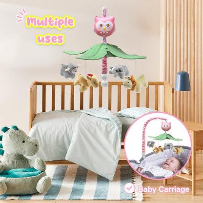 SUMWE Baby Crib Mobile with Music and Lights for Boys Musical Mobile Animals for Crib Bassinet Girls Toys Hanging Portable Safari Nursery Decor Pink