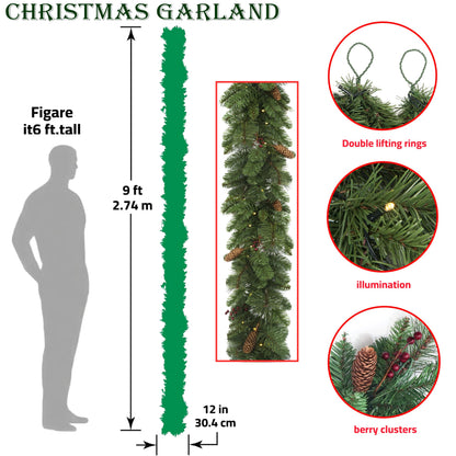 QXXQ 9 Feet Christmas Garland - Christmas Decorations - Carolina Pine Garland for Table, Fireplace, Mantle, Wall, Indoor Outdoor - Green Garland for Christmas Decorations - Free LED String Lights