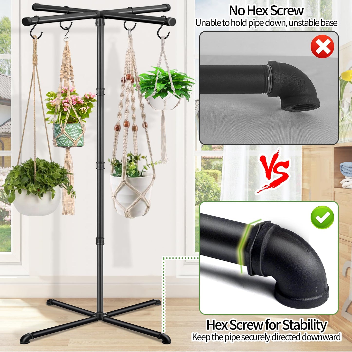 OugeWood Plant Hanger Indoor, 59" Tall Hanging Plant Stand Heavy Duty Metal Indoor Plant Hanger Stand Hanging Plant Holder with 8 Hooks Hanging Planters for Indoor Plants Bedroom Living Room Balcony