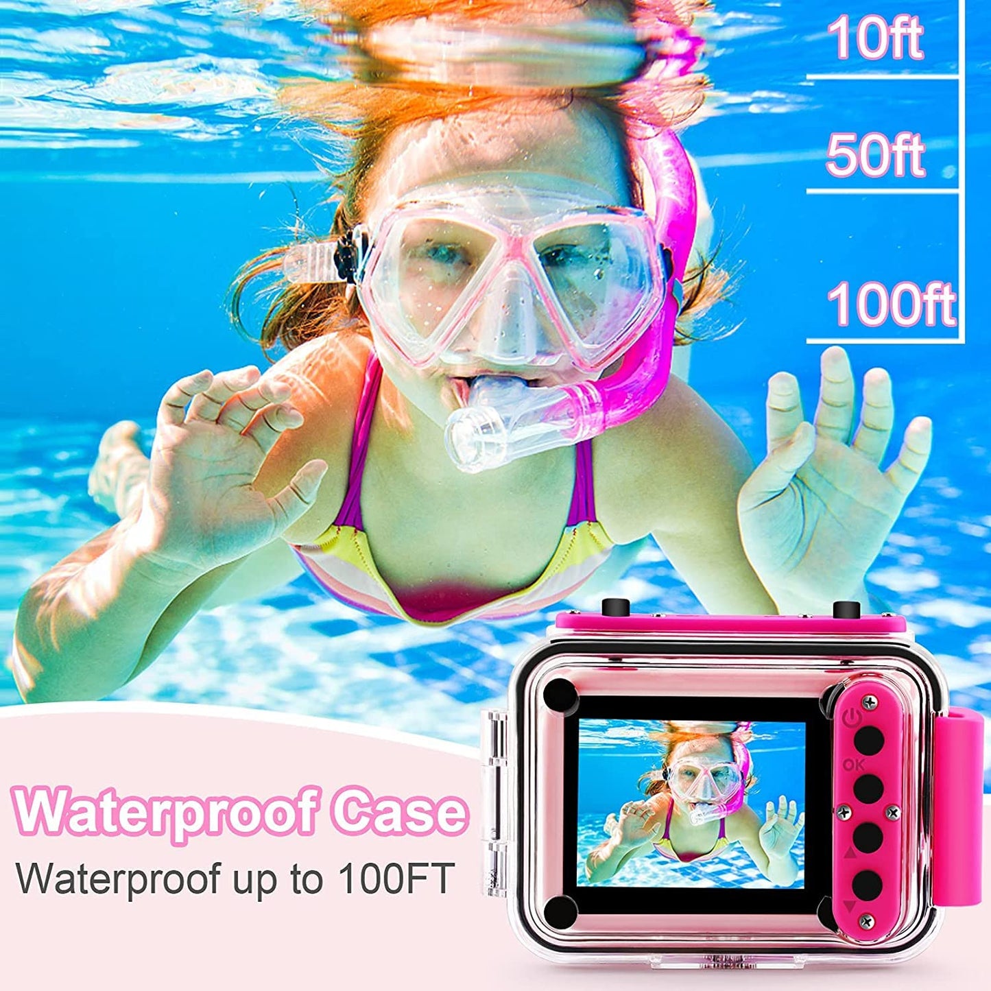 Pool Toy & Kids Underwater Camera - 99FT Waterproof Kid Action Camera 1080P Video&20MP Photo with Flip Lens, Includes 32GB Card for Diving Swimming Beach Snorkeling,Birthday Gift for Girls - GKTZ