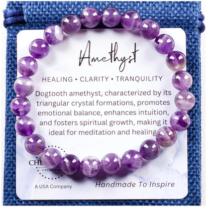 Cherry Tree Collection Dogtooth Amethyst Bracelet – Handmade 8mm Genuine Amethyst Beaded Bracelet for Men & Women – Healing, Protection & Positive Energy (Small)