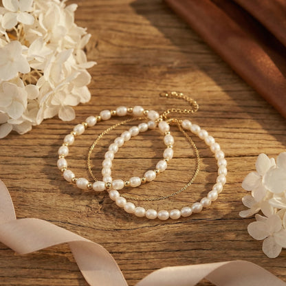 Pearl Bracelets for Women - 3 Pcs Gold Tone Dainty Beaded Bracelet Set - Minimalist Layered Simulated Pearl Link Chain Jewelry for Wedding Bridesmaid Party (White & Gold)