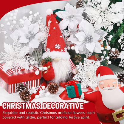 Hommtina 56 Pcs Christmas Decorations, 4 Styles Poinsettias Artificial Christmas Flowers Glitter Berries Stems Ornaments Tree with Pine Cones & Stems for Xmas Wedding DIY Wreath Floral Party (White)