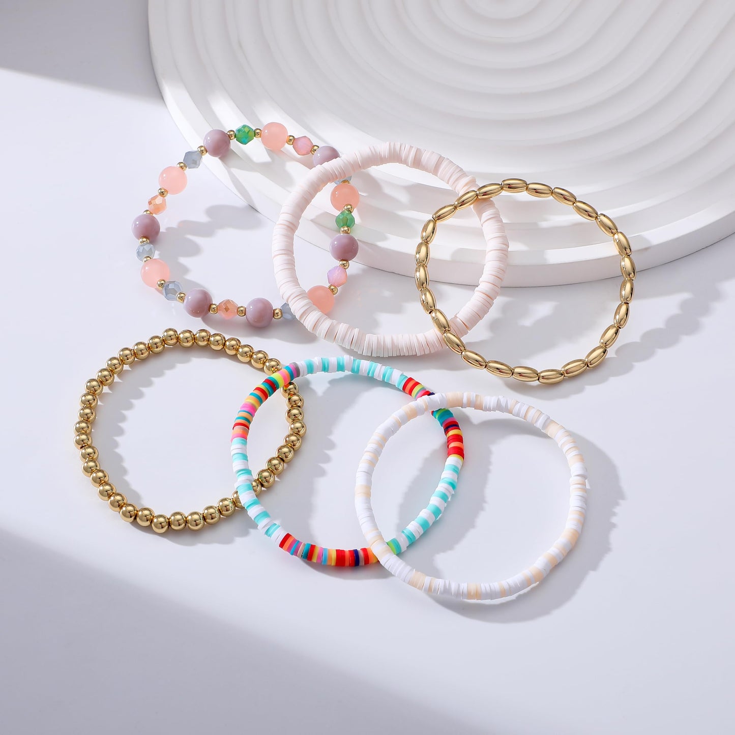 RISHEGAE Heishi Beaded Stretch Bracelets for Women Stackable Polymer Clay Beads Bracelets Friendship Boho Summer Beach Bracelet Jewelry Set (F-Colorful Bead)
