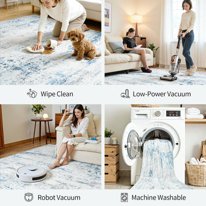 Area Rug Living Room Rugs: 5x7 Large Soft Indoor Carpet Modern Abstract Rug with Non Slip Rubber Backing for Under Dining Table Nursery Home Office Bedroom White Gray Blue