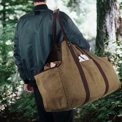 BONTHEE Extra Large Waterproof Firewood Log Carrier Canvas Firewood Holder Indoor with Shoulder Strap and Top Handles Contained Weight-Relief Pad for Easy Carry