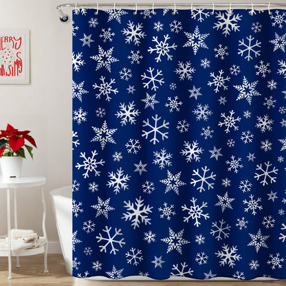 Christmas Shower Curtain: Blue White Snowflakes Christmas Bath Shower Curtain Set with Hooks, Serene Winter Snowflake Merry Xmas Fabric Bathroom Decorations for Home Farmhouse Window Indoor Decor