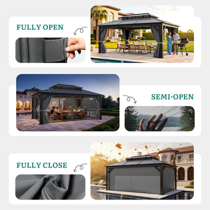 YITAHOME 12x16FT Polycarbonate Gazebo Double Roof Canopy Outdoor with Netting and Shaded Curtains, Aluminum Frame Polycarbonate Hardtop Garden Tent for Patio, Backyard, Deck and Lawns, Grey