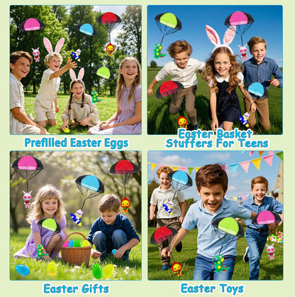 Easter Basket Stuffers Essentials, Easter Egg Fillers - 4PCS Prefilled Easter Eggs with Parachute Toys for Teens Kids Boys & Girls, Easter Party Favors Gifts, Egg Hunt, Treasure Box Toys for Classroom