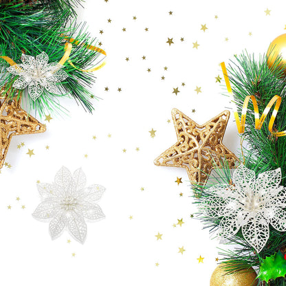 Boao White 24 Pieces Poinsettia Flower Christmas Glitter Artificial Poinsettia with Clips Christmas Tree Ornament Decorations for DIY Xmas Wreath Holiday Home Party Decor, 3/4/6 Inches