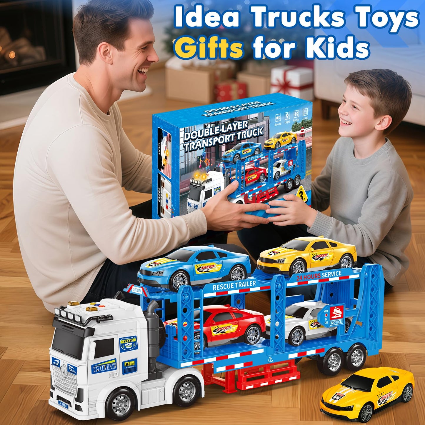 BainGesk Semi Truck Toys Car for 3, 4, 5, 6, 8 Years Old Boys Girls, Adjustable Double Decker Carrier Truck with Light & Sound, Car Hauler with Trailer Toy, Large Transport Toy Gifts for Toddler