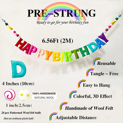Pre-Strung Happy Birthday Banner - Felt Ball Garland - Reusable HAPPY BIRTHDAY Garland, Rainbow Party Decorations, Personalized Holiday Sign for Party Decor, Kids Room Decor, Photo Prop (Rainbow)