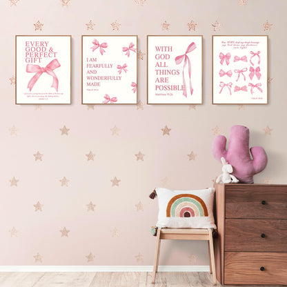 LARTSFRO Coquette Pink Bow Christian Wall Art Decor Posters, Pink Bow Christian Bathroom Room Bedroom Dorm Wall Art Decor Aesthetic for College Teen Girls Gifts,Inspirational Bible Verses Bow Wall Decor, 10x8 Inch Set of 4 Bow Pictures(UNFRAMED)