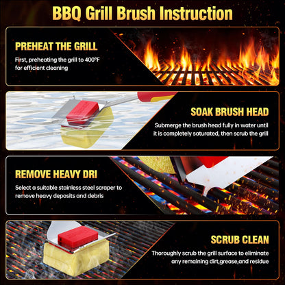 Grill Brush Bristle Free for Outdoor Grill, BBQ Grill Cleaner Brush and Scraper with Replaceable Head, Steam Grill Cleaning Brush 17'' Long Handle for Cast Iron Stainless Steel Grates,Red