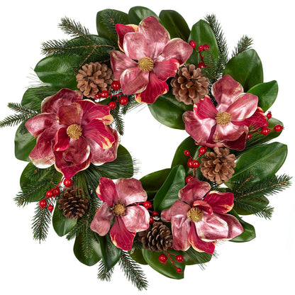 Briful 24in Christmas Magnolia Flower Wreath for Front Door Artificial Red Magnolia Floral Wreath with Pine Cones Berries Outdoor Christmas Wreath for Xmas Home Room Wall Window Mantle Decor